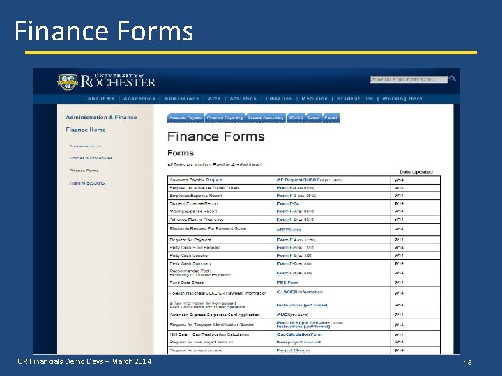 Finance Forms UR Financials Demo Days – March 2014 13 