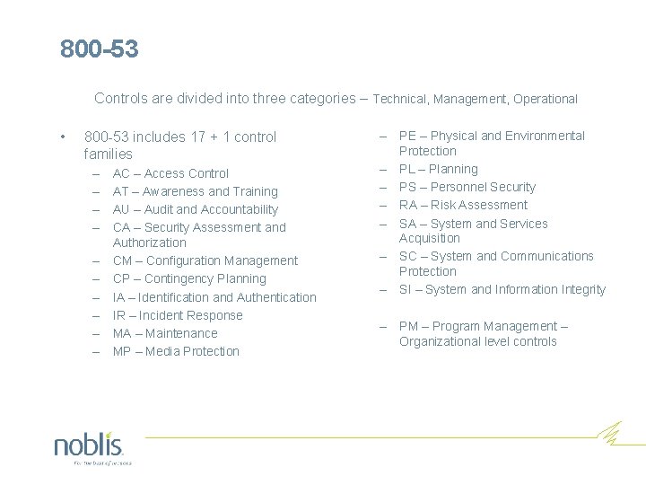 800 -53 Controls are divided into three categories – Technical, Management, Operational • 800