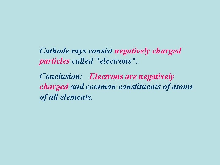 Cathode rays consist negatively charged particles called "electrons". Conclusion: Electrons are negatively charged and