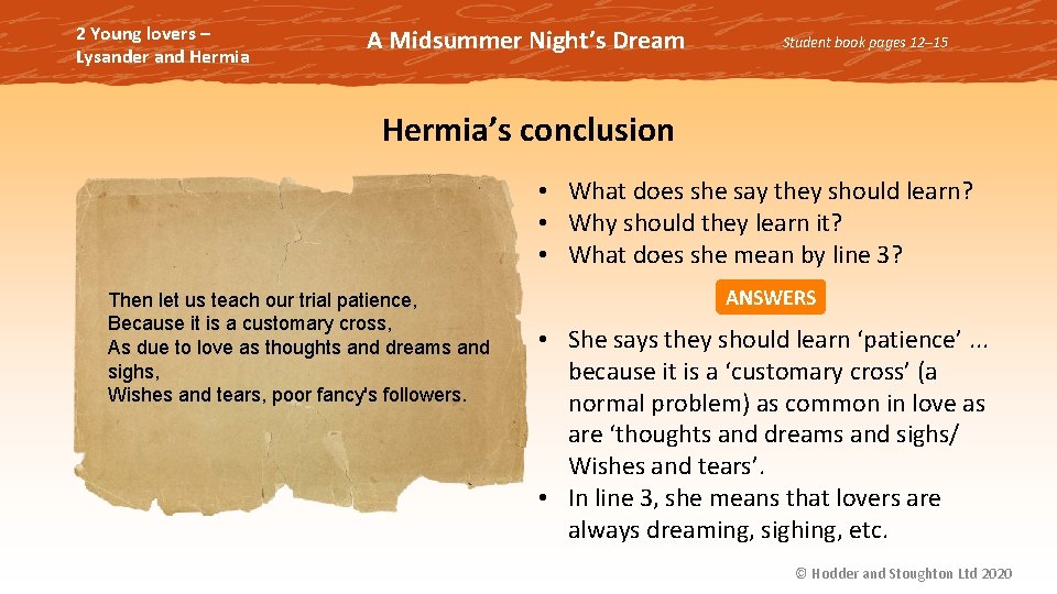 2 Young lovers – Lysander and Hermia A Midsummer Night’s Dream Student book pages
