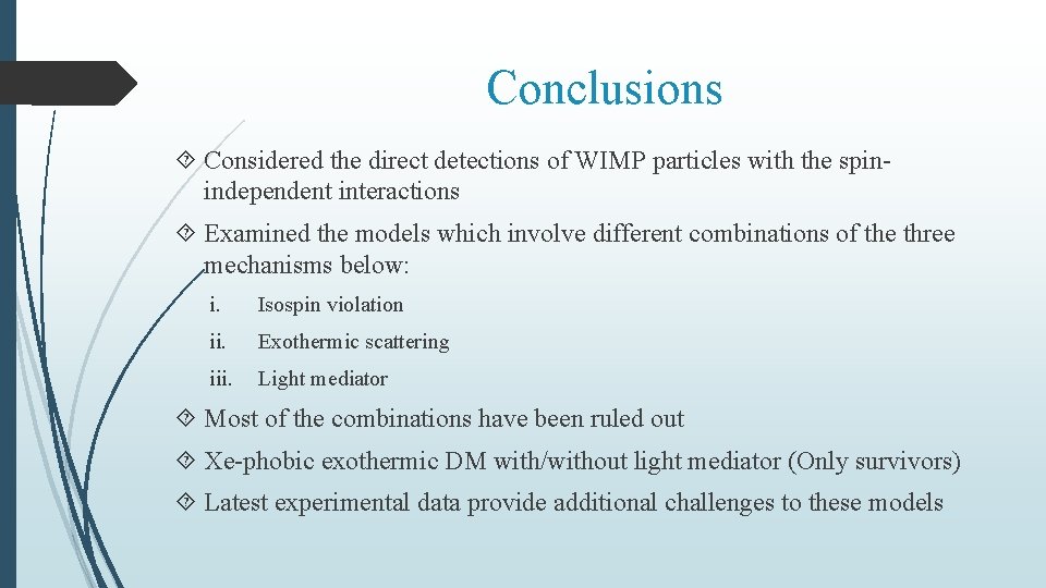 Conclusions Considered the direct detections of WIMP particles with the spinindependent interactions Examined the