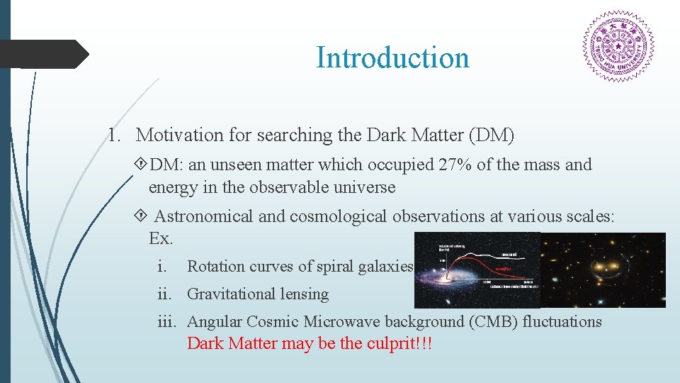 Introduction 1. Motivation for searching the Dark Matter (DM) DM: an unseen matter which