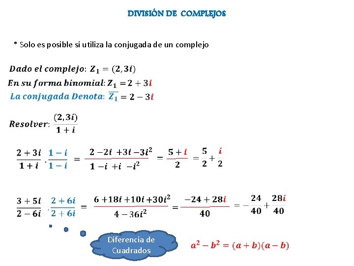 DIVISIÓN DE COMPLEJOS * Solo es posible si utiliza la conjugada de un complejo