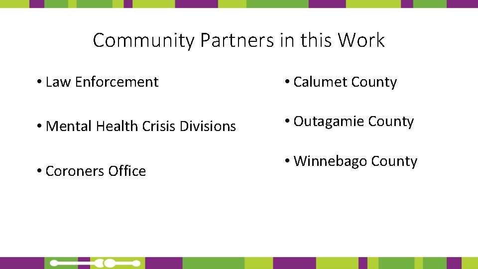 Community Partners in this Work • Law Enforcement • Calumet County • Mental Health