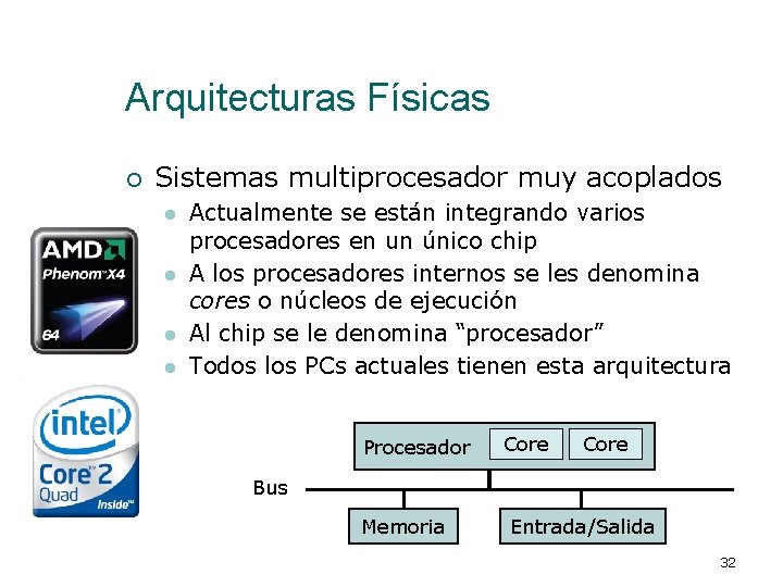 Arquitecturas Físicas ¡ Sistemas multiprocesador muy acoplados l l Actualmente se están integrando varios