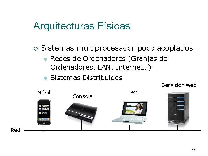 Arquitecturas Físicas ¡ Sistemas multiprocesador poco acoplados l Redes de Ordenadores (Granjas de Ordenadores,