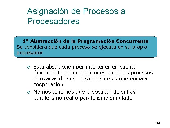 Asignación de Procesos a Procesadores 1ª Abstracción de la Programación Concurrente Se considera que