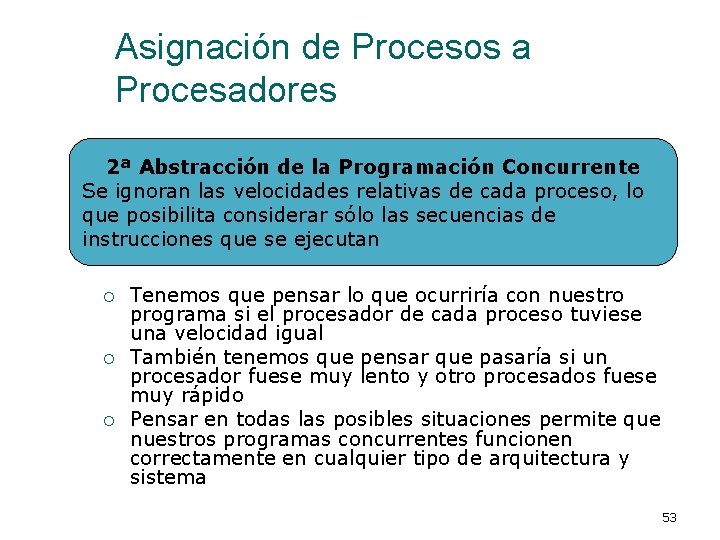 Asignación de Procesos a Procesadores 2ª Abstracción de la Programación Concurrente Se ignoran las