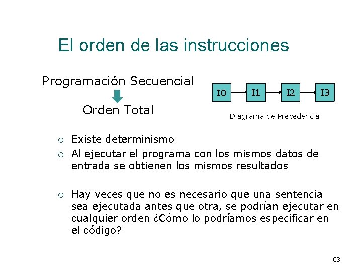 El orden de las instrucciones Programación Secuencial Orden Total ¡ ¡ ¡ I 0