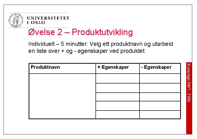 Øvelse 2 – Produktutvikling Individuelt – 5 minutter: Velg ett produktnavn og utarbeid en