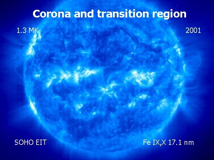 Corona and transition region 2000000 K 1. 3 MK 1300000 K SOHO EIT 2001