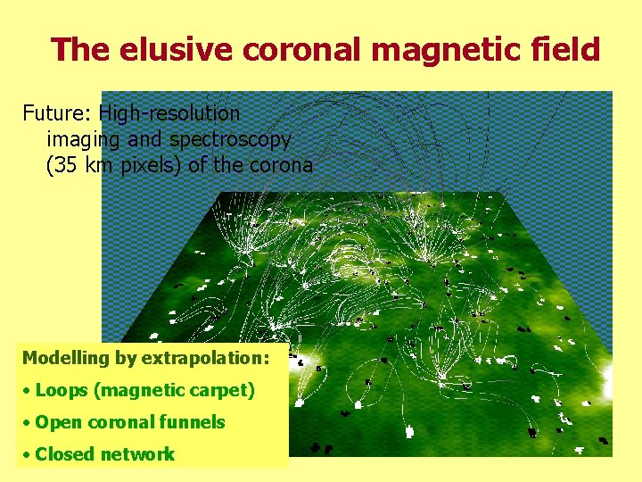 The elusive coronal magnetic field Future: High-resolution imaging and spectroscopy (35 km pixels) of
