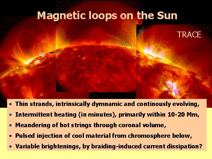 Magnetic loops on the Sun TRACE • Thin strands, intrinsically dymnamic and continously evolving,