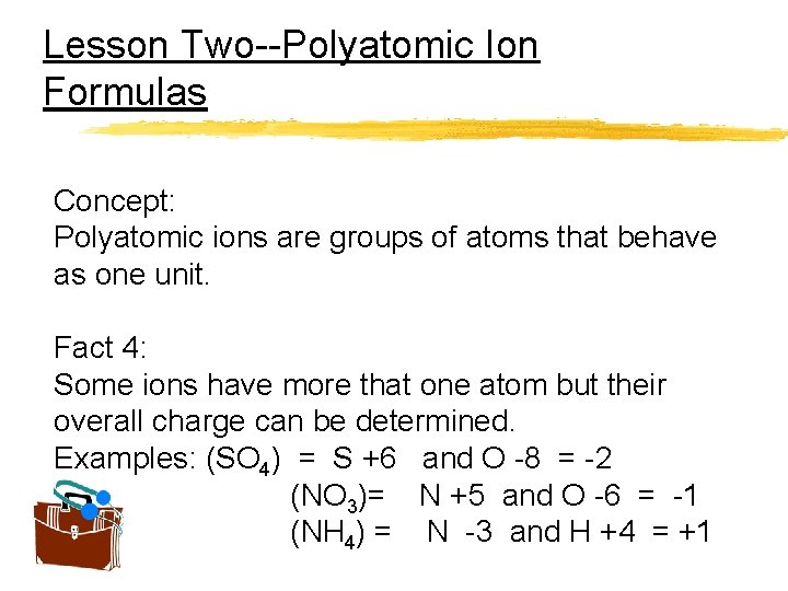 Lesson Two--Polyatomic Ion Formulas Concept: Polyatomic ions are groups of atoms that behave as