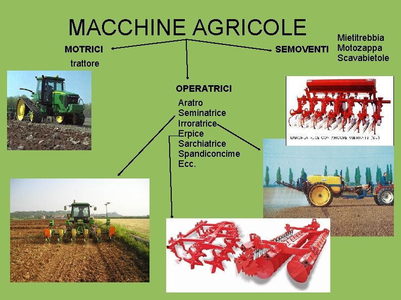 MACCHINE AGRICOLE Mietitrebbia SEMOVENTI Motozappa Scavabietole MOTRICI trattore OPERATRICI Aratro Seminatrice Irroratrice Erpice Sarchiatrice