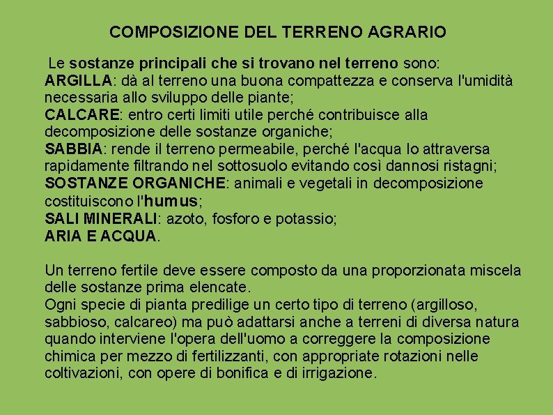 COMPOSIZIONE DEL TERRENO AGRARIO Le sostanze principali che si trovano nel terreno sono: ARGILLA: