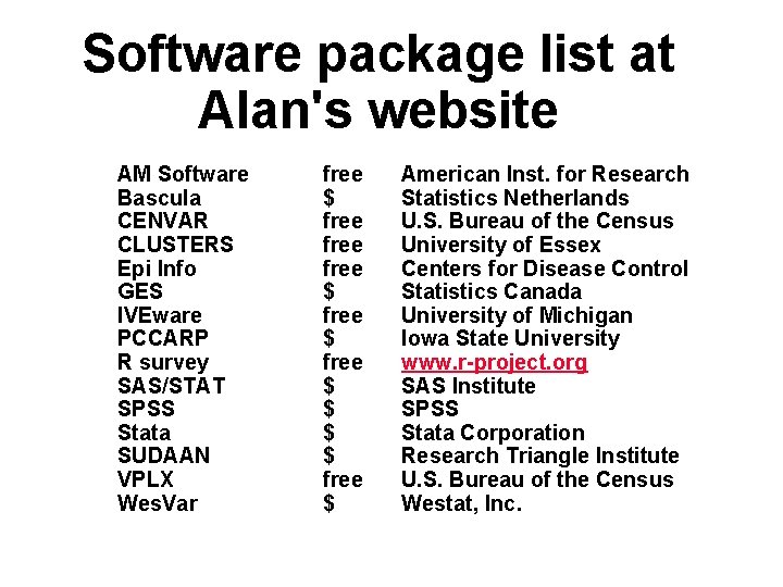 Software package list at Alan's website AM Software Bascula CENVAR CLUSTERS Epi Info GES