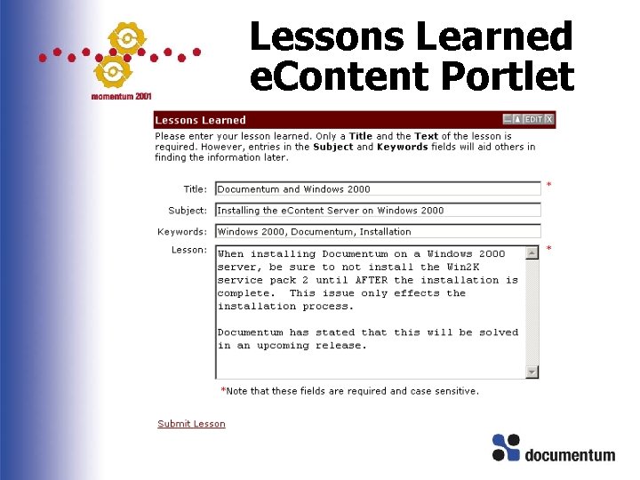 Lessons Learned e. Content Portlet 