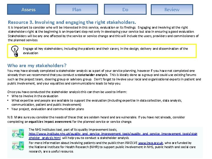 Assess Plan Do Review Resource 3. Involving and engaging the right stakeholders. It is