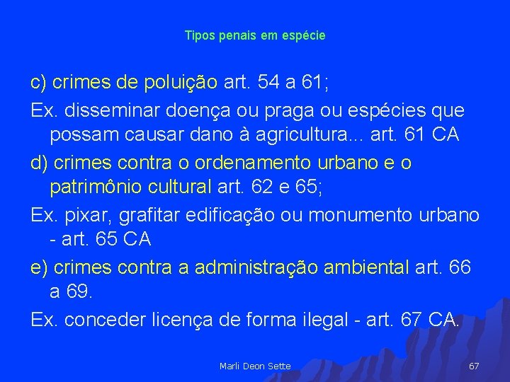 Tipos penais em espécie c) crimes de poluição art. 54 a 61; Ex. disseminar