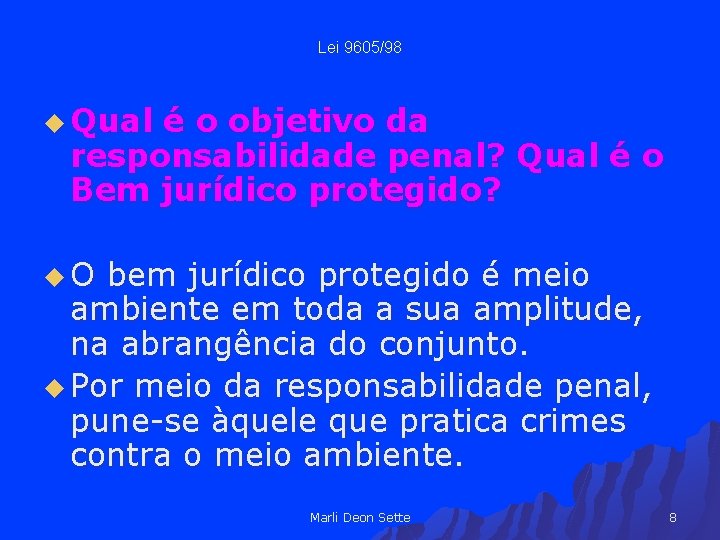 Lei 9605/98 u Qual é o objetivo da responsabilidade penal? Qual é o Bem