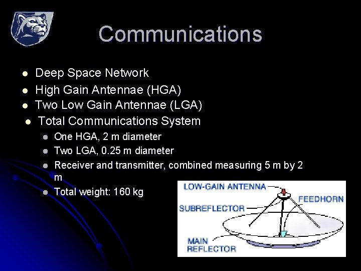 Communications Deep Space Network l High Gain Antennae (HGA) l Two Low Gain Antennae