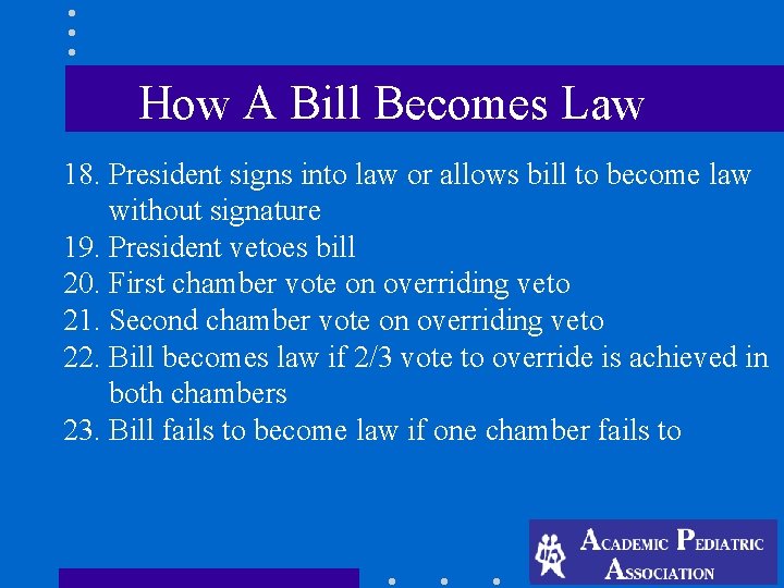 How A Bill Becomes Law 18. President signs into law or allows bill to How A Bill Becomes Law 18. President signs into law or allows bill to