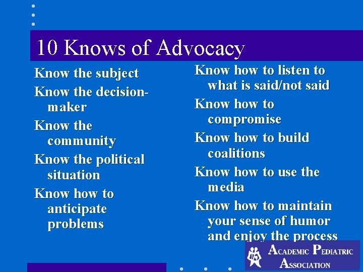 10 Knows of Advocacy Know the subject Know the decisionmaker Know the community Know 10 Knows of Advocacy Know the subject Know the decisionmaker Know the community Know