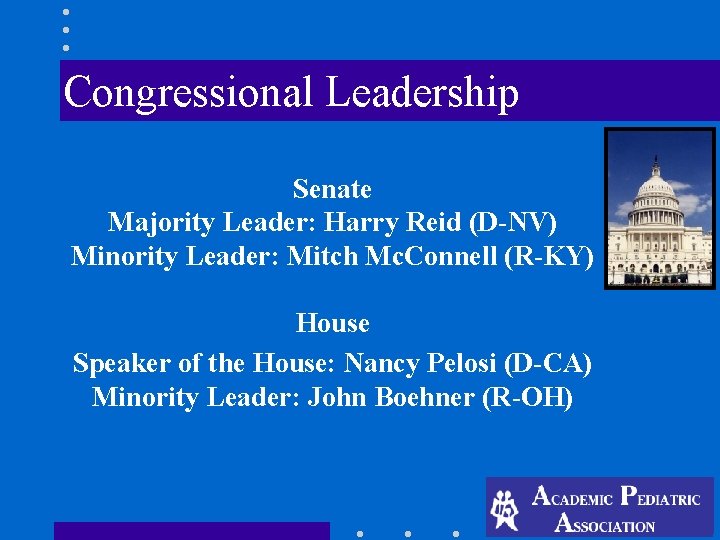 Congressional Leadership Senate Majority Leader: Harry Reid (D-NV) Minority Leader: Mitch Mc. Connell Congressional Leadership Senate Majority Leader: Harry Reid (D-NV) Minority Leader: Mitch Mc. Connell