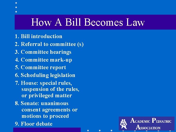 How A Bill Becomes Law 1. Bill introduction 2. Referral to committee (s) 3. How A Bill Becomes Law 1. Bill introduction 2. Referral to committee (s) 3.