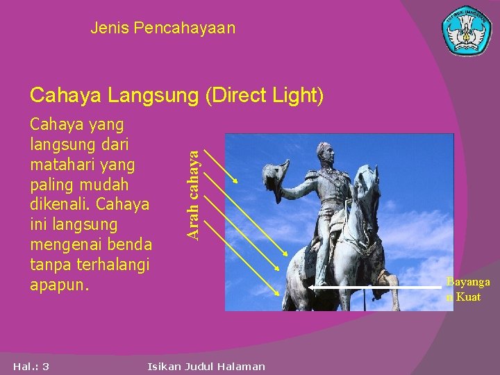 Jenis Pencahayaan Cahaya yang langsung dari matahari yang paling mudah dikenali. Cahaya ini langsung