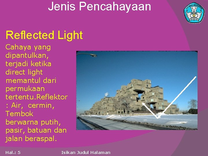 Jenis Pencahayaan Reflected Light Cahaya yang dipantulkan, terjadi ketika direct light memantul dari permukaan