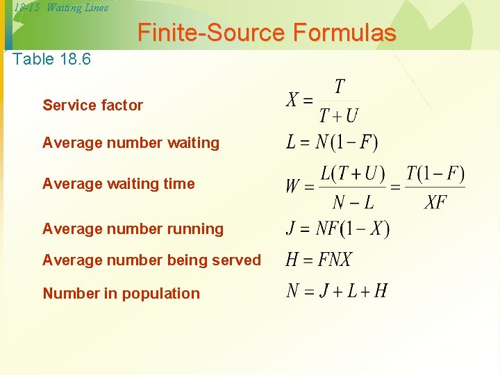 18 -15 Waiting Lines Finite-Source Formulas Table 18. 6 Service factor Average number waiting