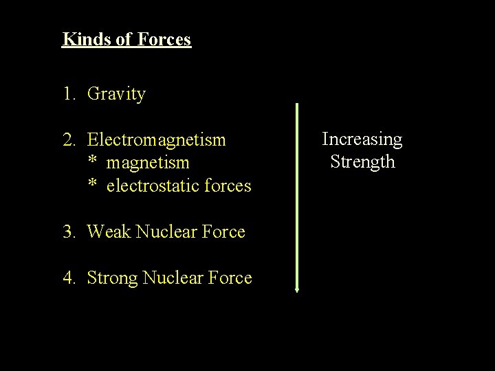 Kinds of Forces 1. Gravity 2. Electromagnetism * electrostatic forces 3. Weak Nuclear Force