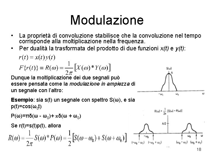 Modulazione • La proprietà di convoluzione stabilisce che la convoluzione nel tempo corrisponde alla