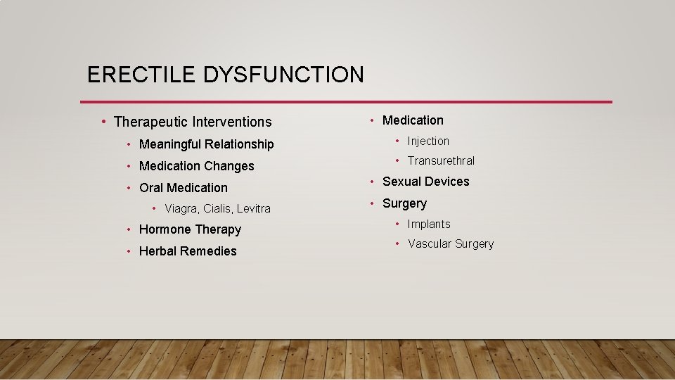 ERECTILE DYSFUNCTION • Therapeutic Interventions • Medication • Meaningful Relationship • Injection • Medication