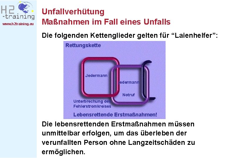 www. h 2 training. eu Unfallverhütung Maßnahmen im Fall eines Unfalls Die folgenden Kettenglieder