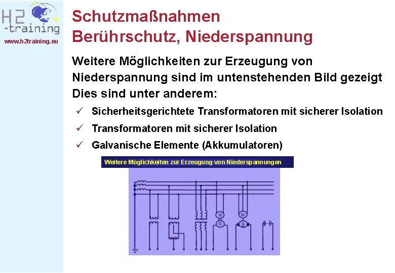 www. h 2 training. eu Schutzmaßnahmen Berührschutz, Niederspannung Weitere Möglichkeiten zur Erzeugung von Niederspannung