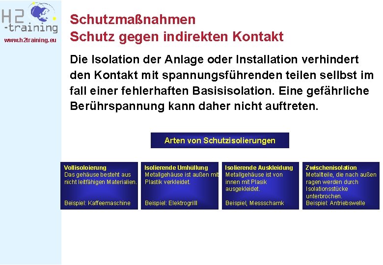 www. h 2 training. eu Schutzmaßnahmen Schutz gegen indirekten Kontakt Die Isolation der Anlage