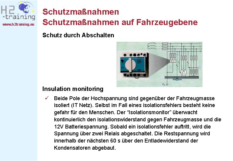 www. h 2 training. eu Schutzmaßnahmen auf Fahrzeugebene Schutz durch Abschalten Insulation monitoring ü