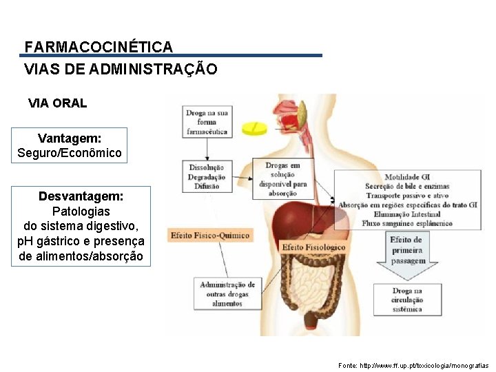 FARMACOCINÉTICA VIAS DE ADMINISTRAÇÃO VIA ORAL Vantagem: Seguro/Econômico Desvantagem: Patologias do sistema digestivo, p.