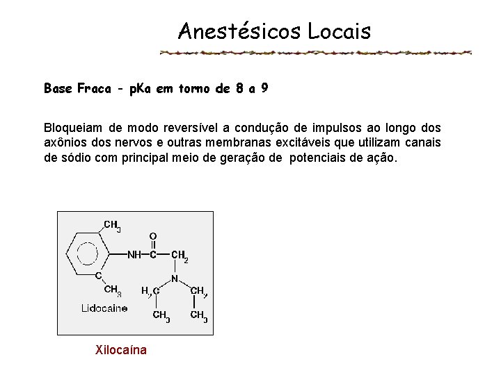 Anestésicos Locais Base Fraca - p. Ka em torno de 8 a 9 Bloqueiam