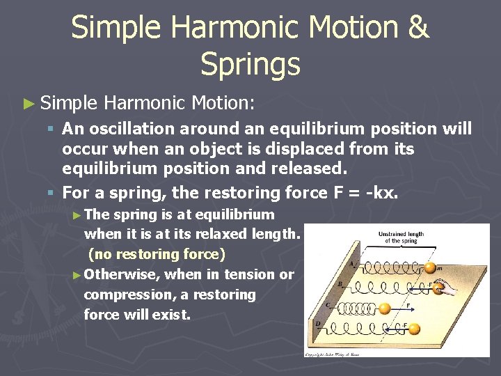 Simple Harmonic Motion & Springs ► Simple Harmonic Motion: § An oscillation around an