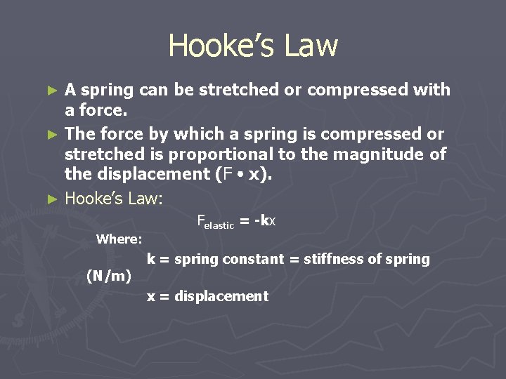 Hooke’s Law A spring can be stretched or compressed with a force. ► The