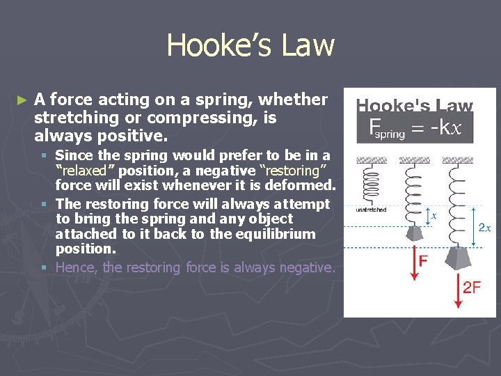 Hooke’s Law ► A force acting on a spring, whether stretching or compressing, is