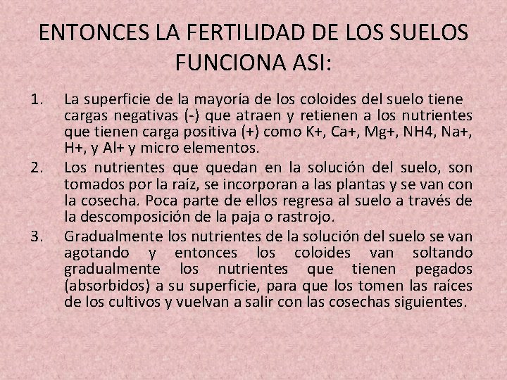 ENTONCES LA FERTILIDAD DE LOS SUELOS FUNCIONA ASI: 1. 2. 3. La superficie de