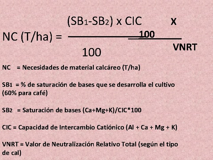 NC (T/ha) = (SB 1 -SB 2) x CIC 100 X __100_____ VNRT NC