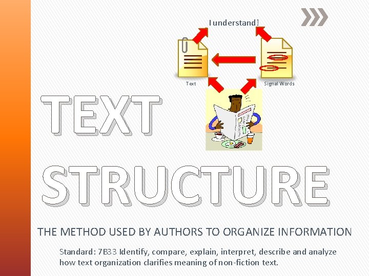 I understand! TEXT STRUCTURE Text Signal Words THE METHOD USED BY AUTHORS TO ORGANIZE