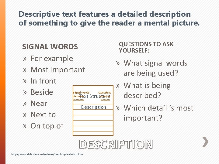 Descriptive text features a detailed description of something to give the reader a mental