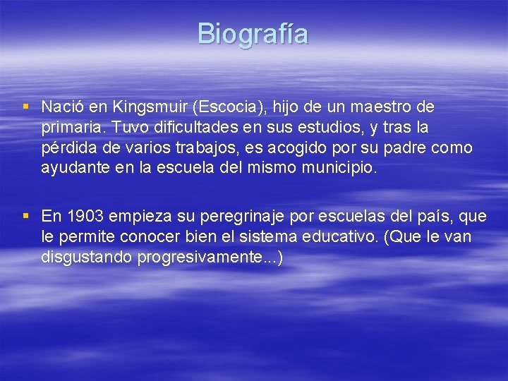 Biografía § Nació en Kingsmuir (Escocia), hijo de un maestro de primaria. Tuvo dificultades